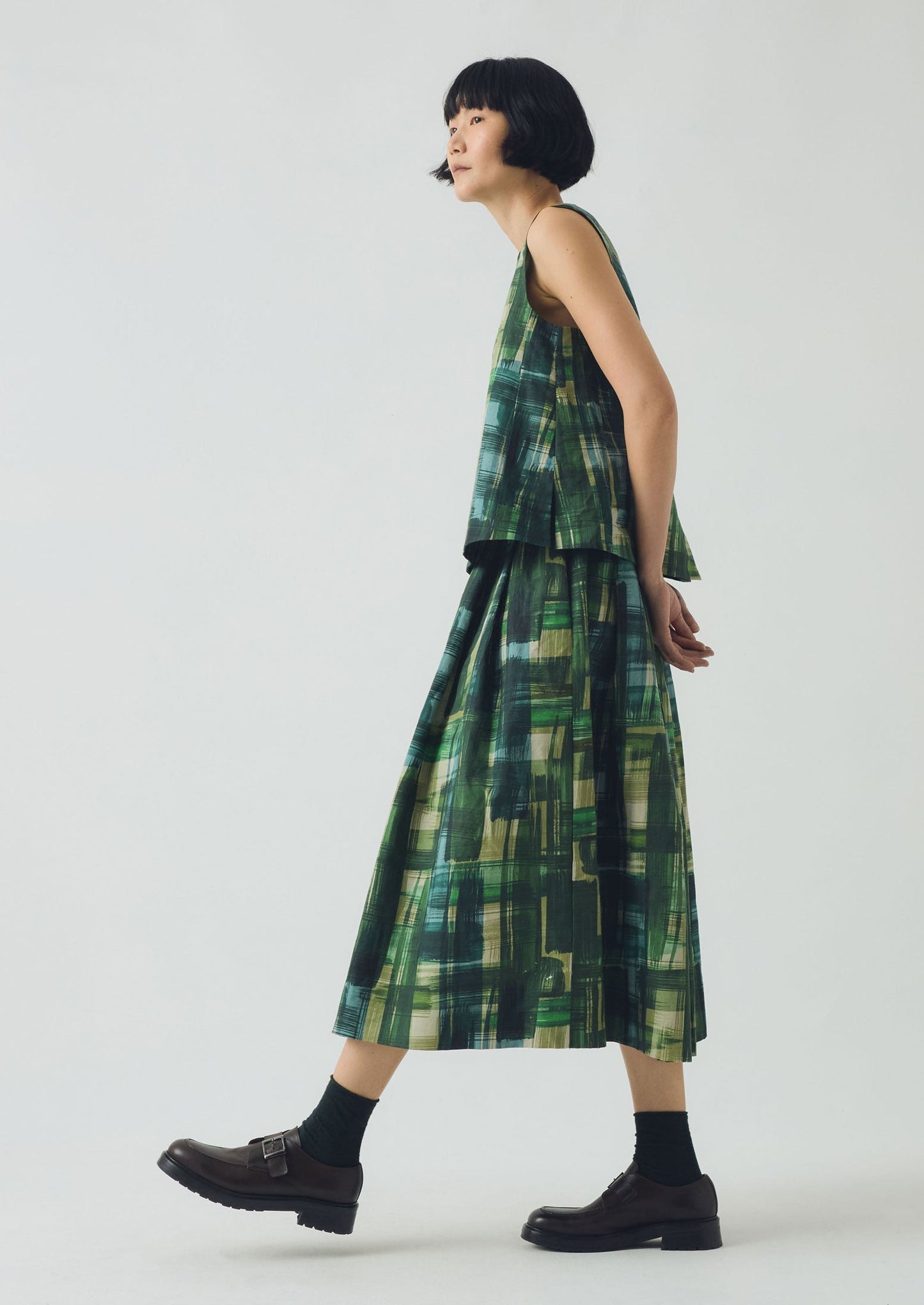 Gonna in tweed di cotone e lino dipinto | Verde trifoglio