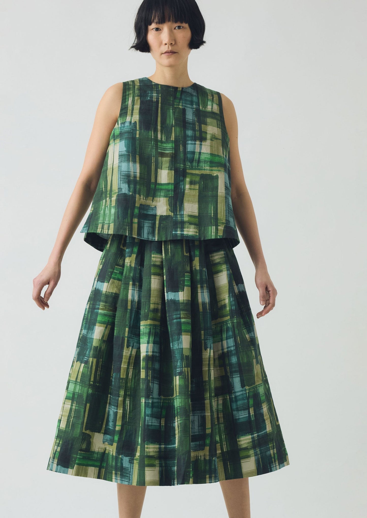 Gonna in tweed di cotone e lino dipinto | Verde trifoglio