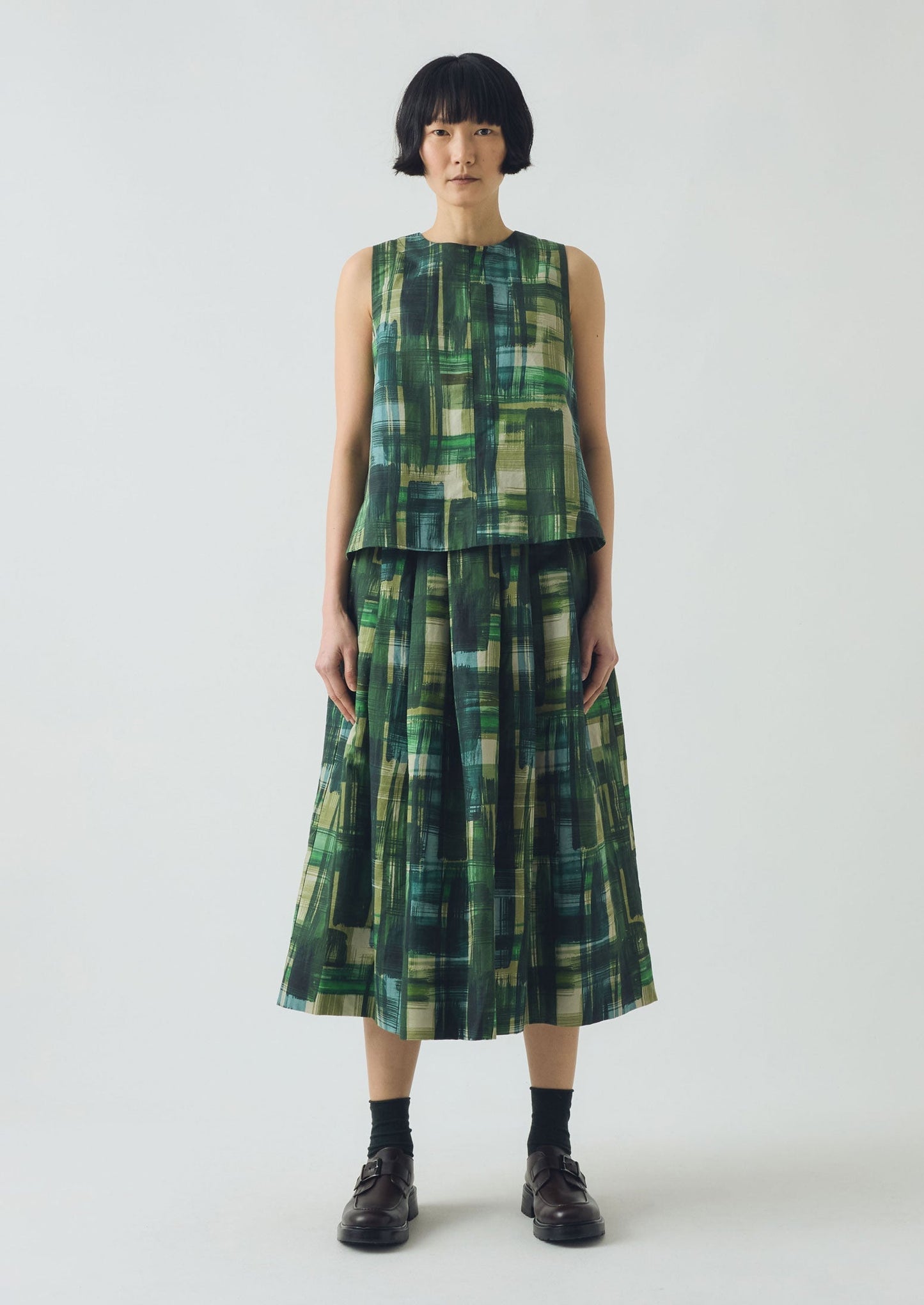 Gonna in tweed di cotone e lino dipinto | Verde trifoglio