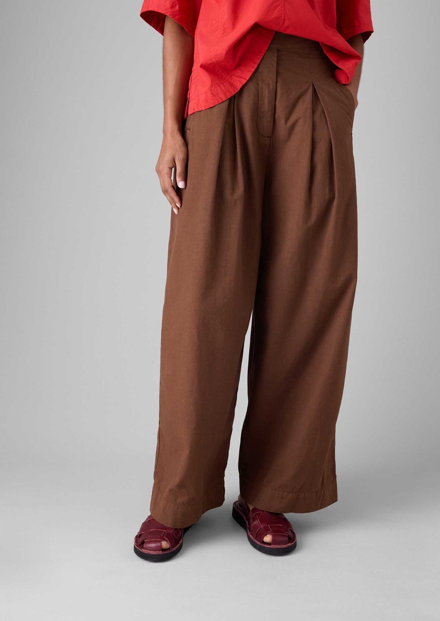 Pantaloni a gamba larga in popeline di cotone e lino con cintura | Marrone ocra