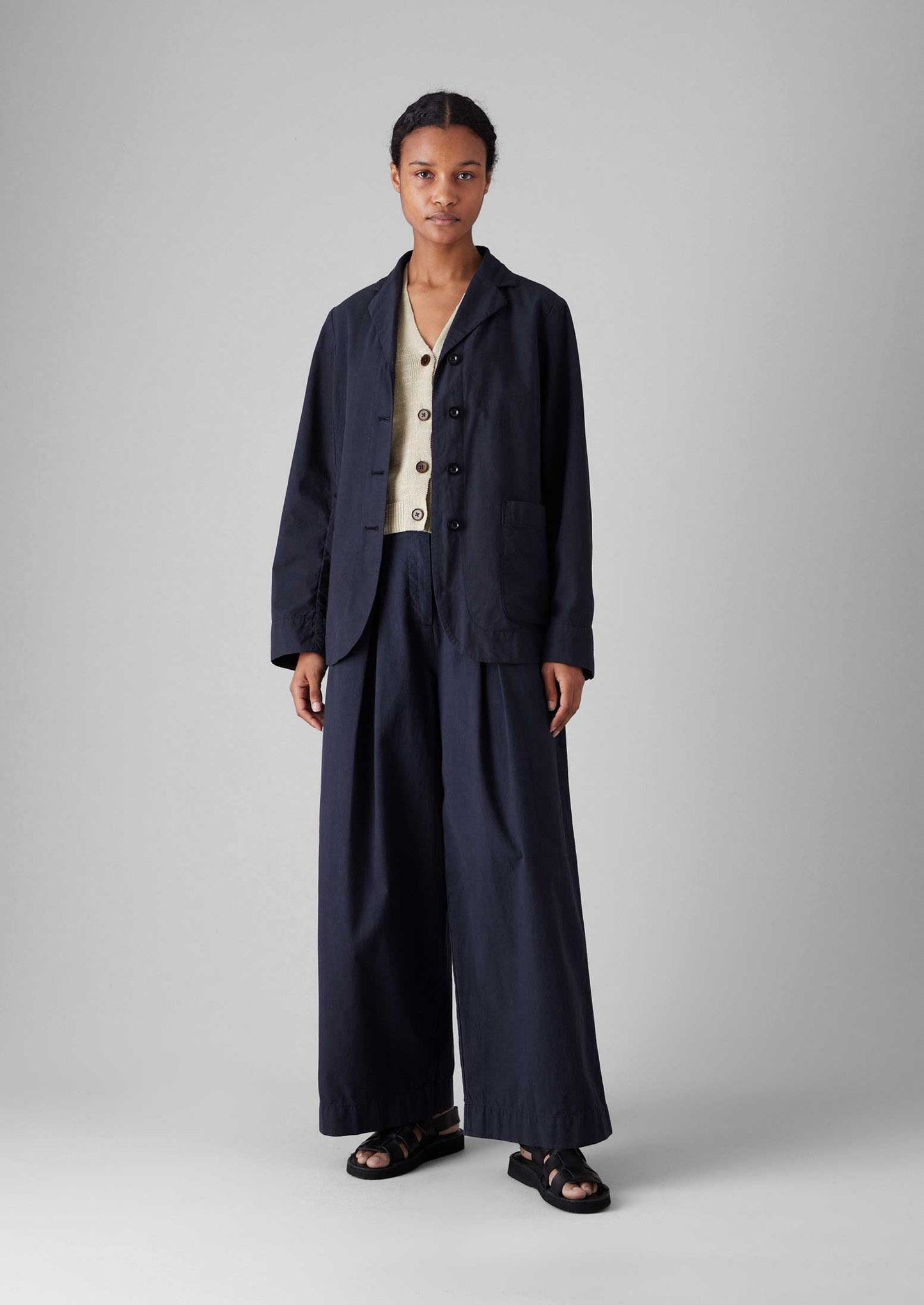 Pantaloni a gamba larga in popeline di cotone e lino con cintura | Blu corvino