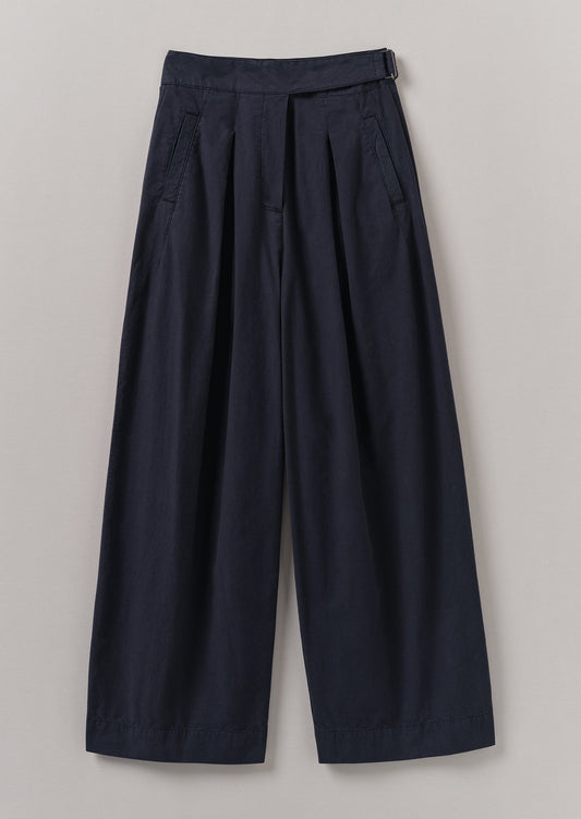 Pantaloni a gamba larga in popeline di cotone e lino con cintura | Blu corvino