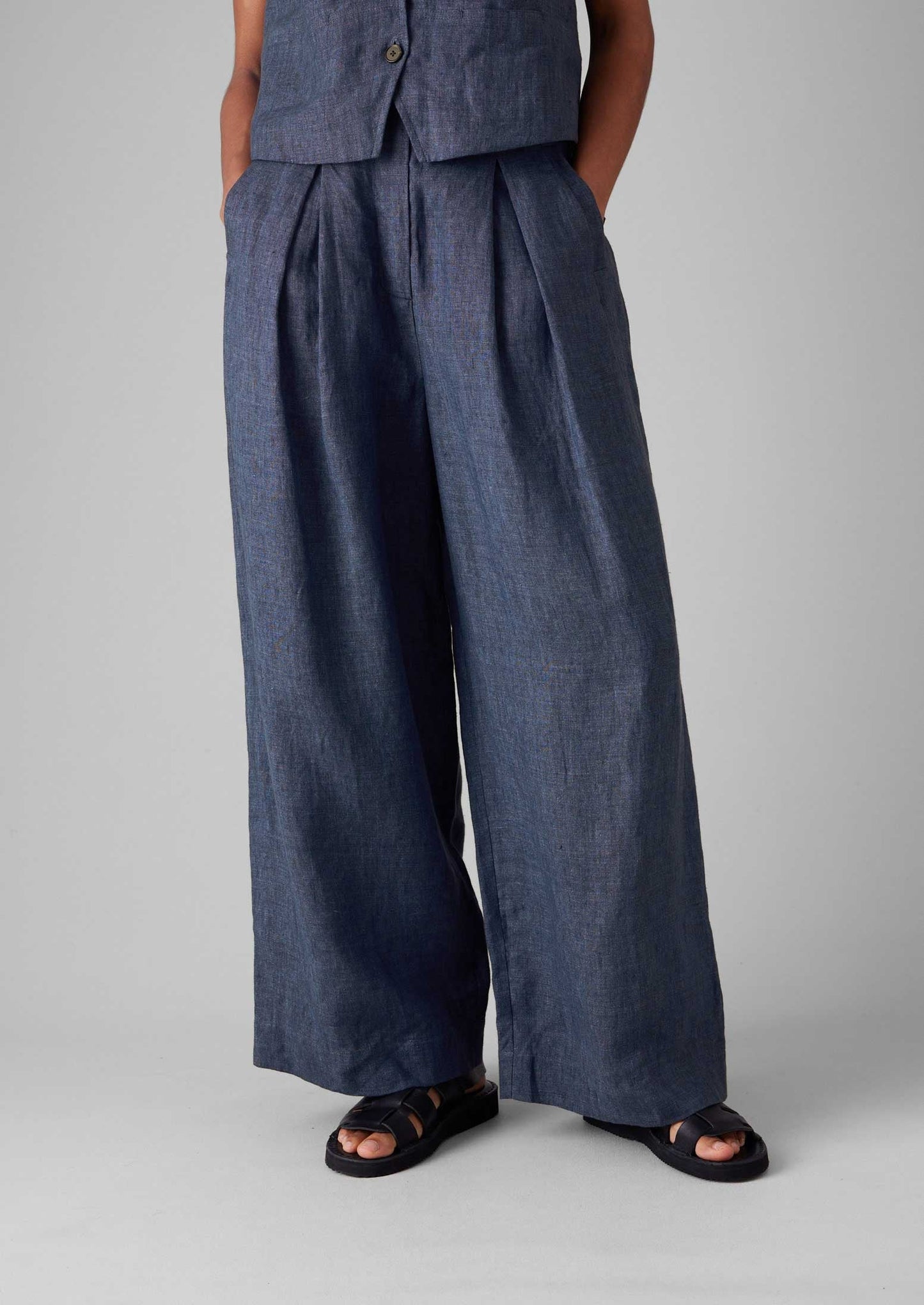 Pantaloni a gamba larga in lino con cintura | Blu denim