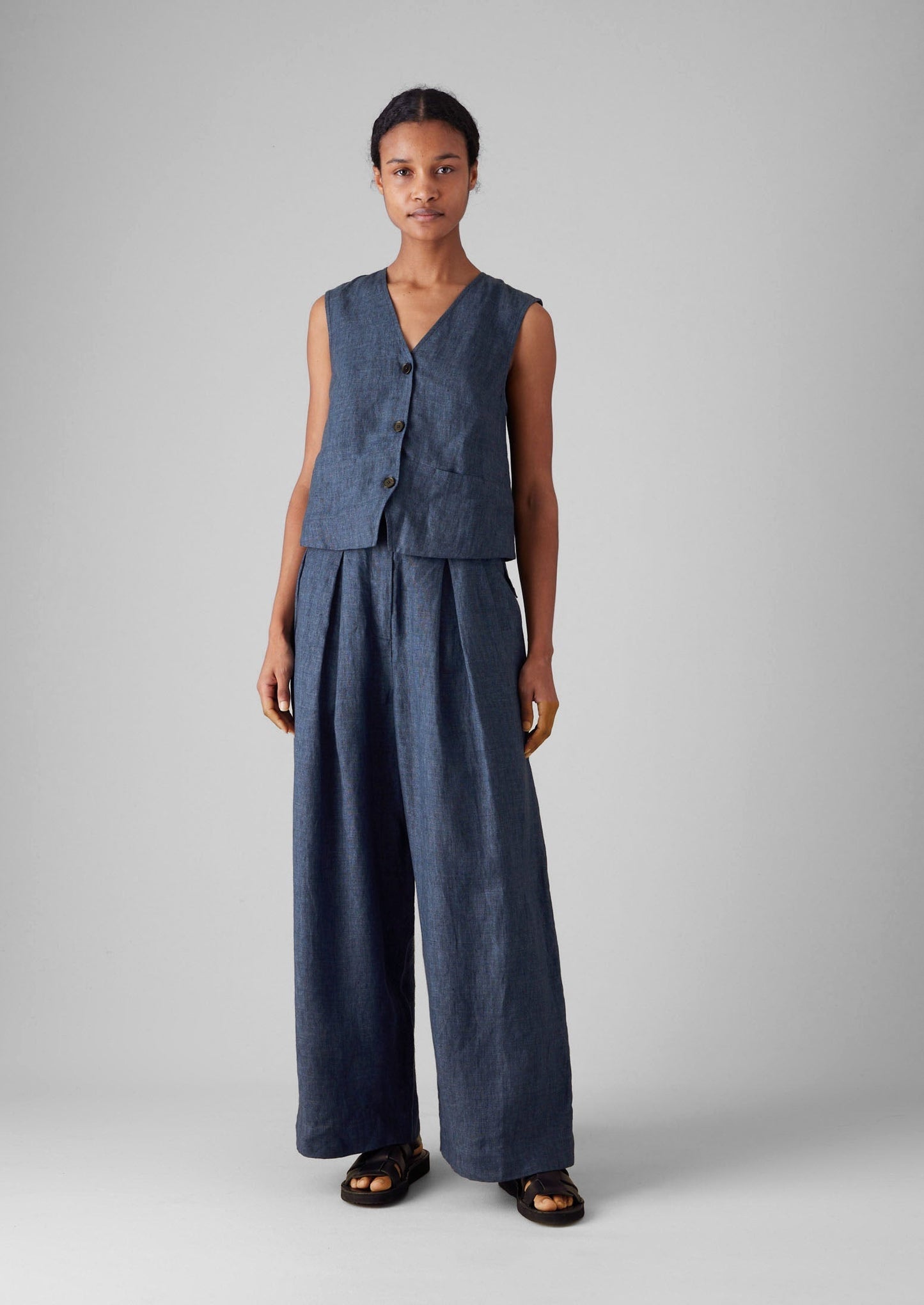 Pantaloni a gamba larga in lino con cintura | Blu denim