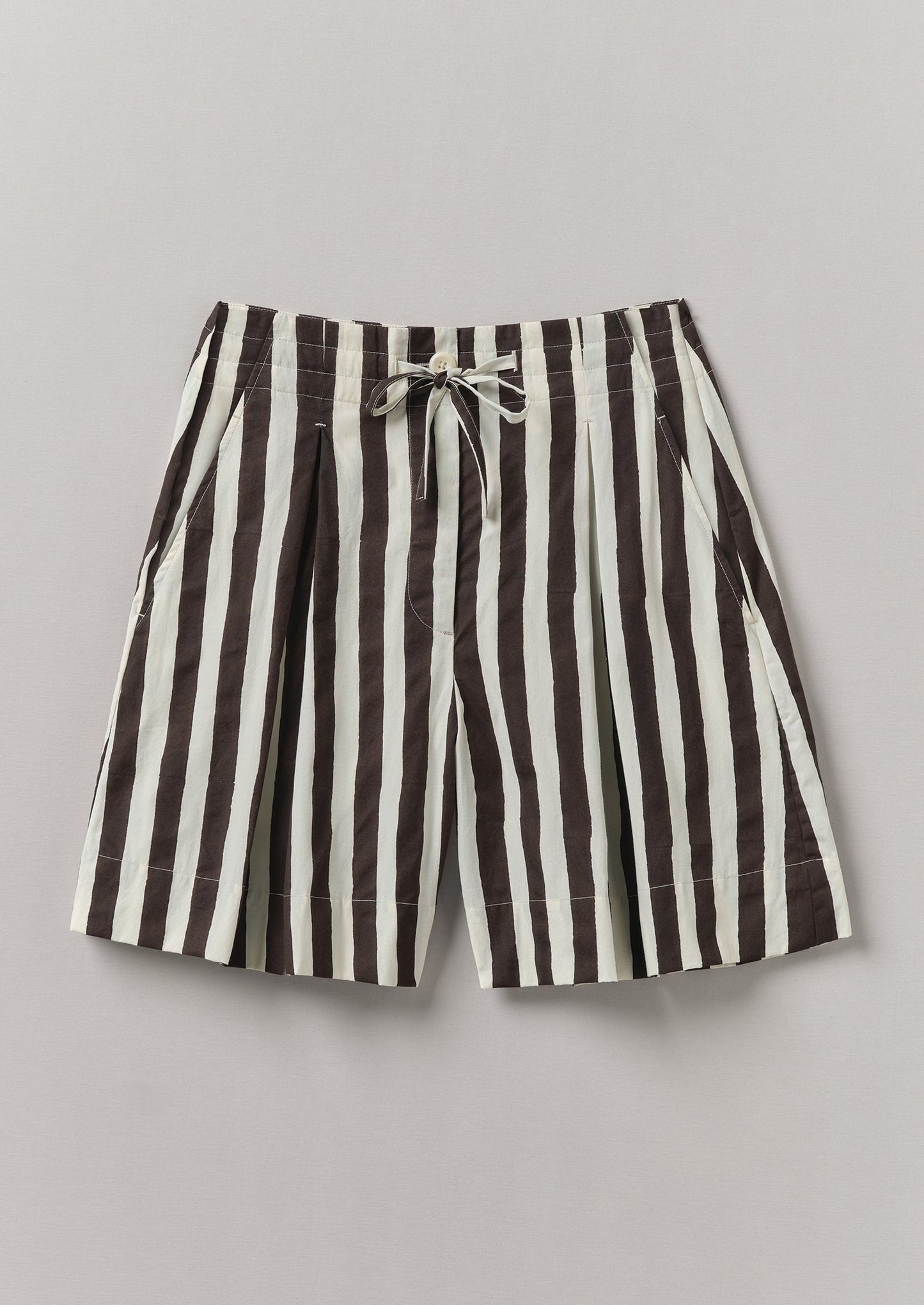 Pantaloncini in cotone con stampa a blocchi di strisce ondulate | Ecru/Cioccolato