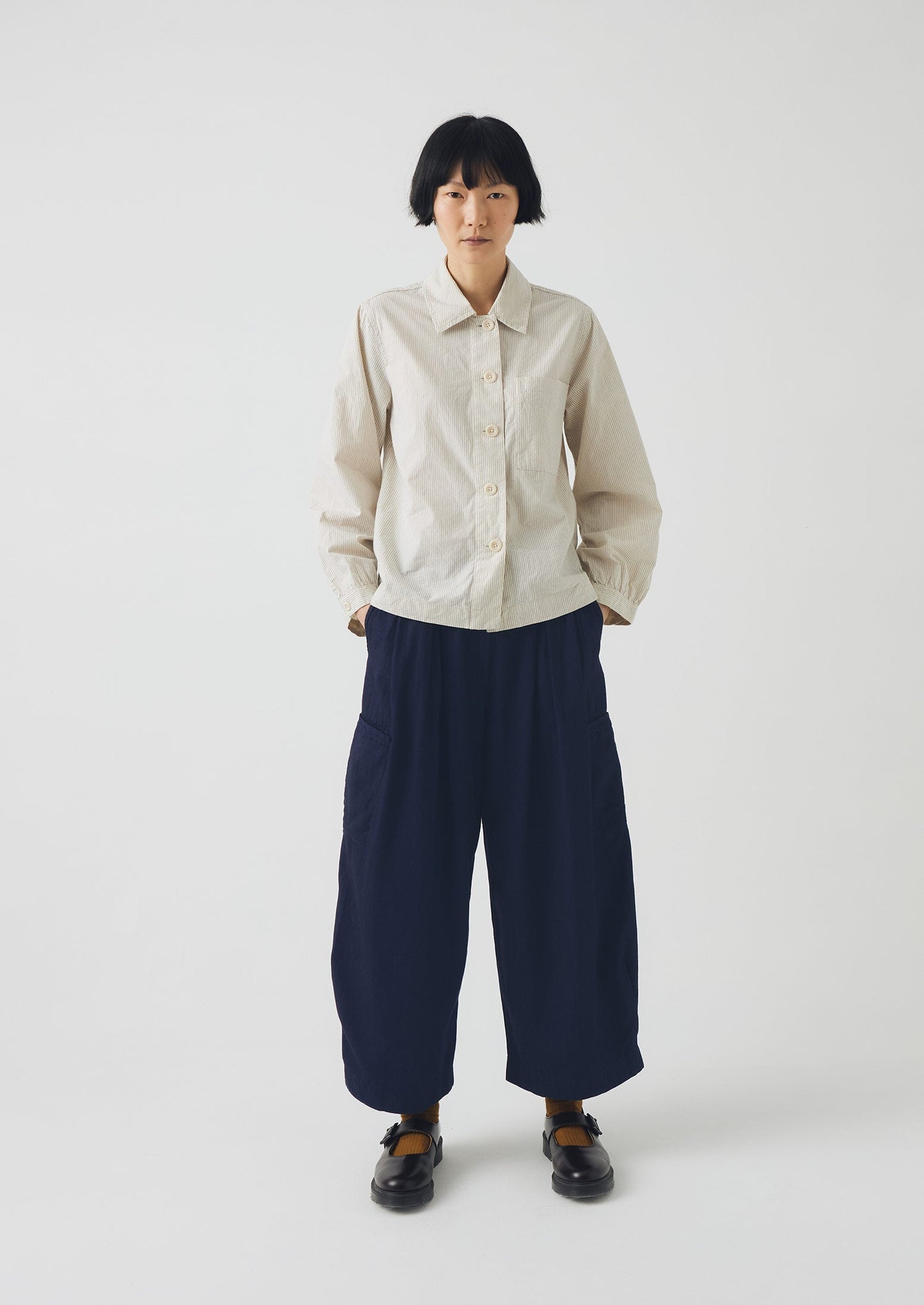 Camicia in cotone biologico a righe con tasca applicata Baya | Blu sbiadito dal sole