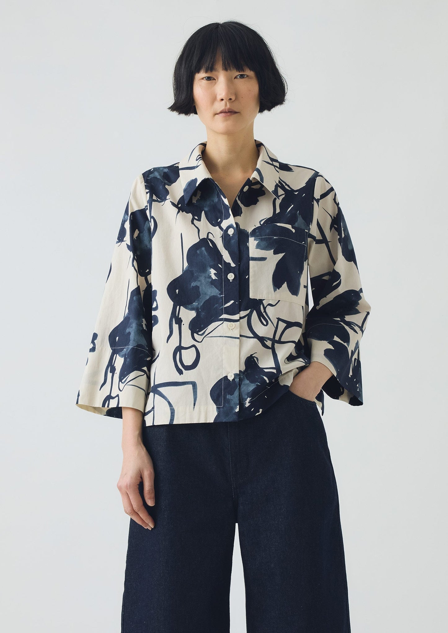 Camicia in popeline di cotone con stampa a penna e inchiostro | Blu inchiostro