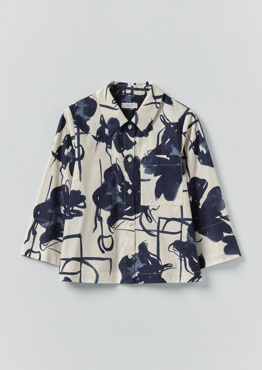 Camicia in popeline di cotone con stampa a penna e inchiostro | Blu inchiostro