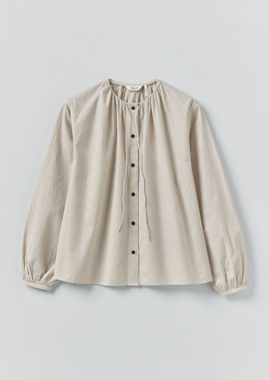 Camicia a righe mini con scollo arricciato | Blu sbiadito dal sole