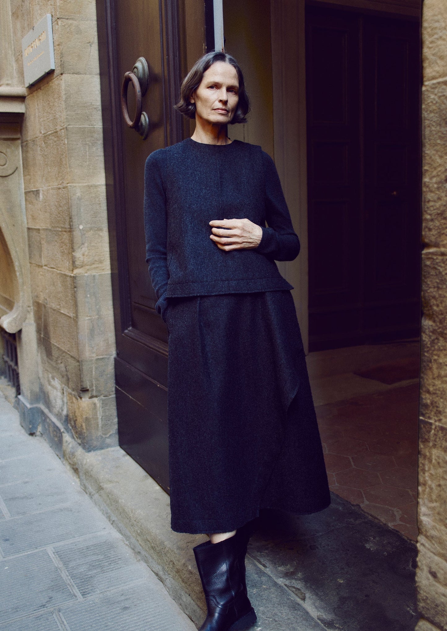 Top in twill di lana cotta con bottoni sul retro | Antracite