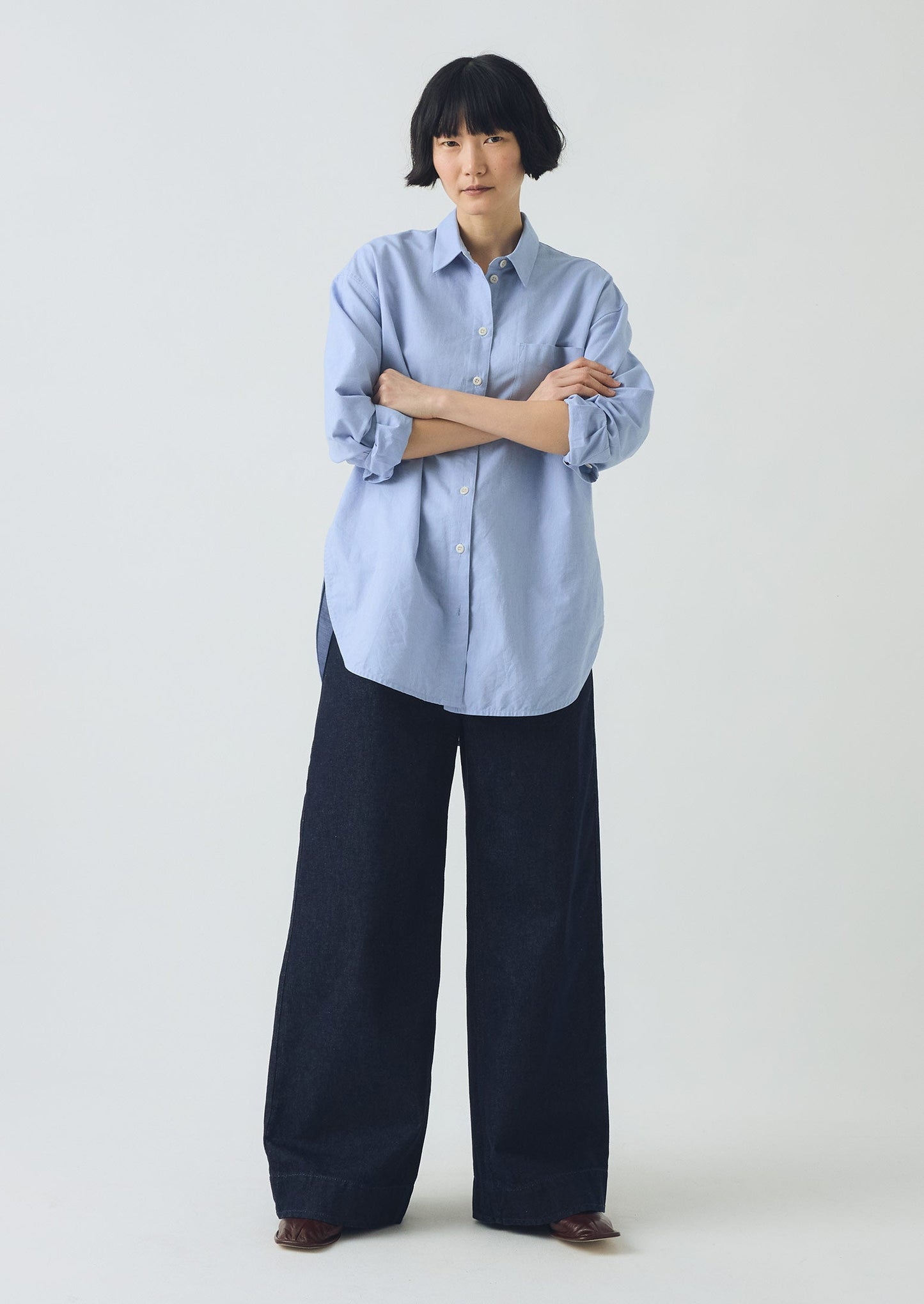 Camicia lunga oversize in cotone Oxford | Blu chambray
