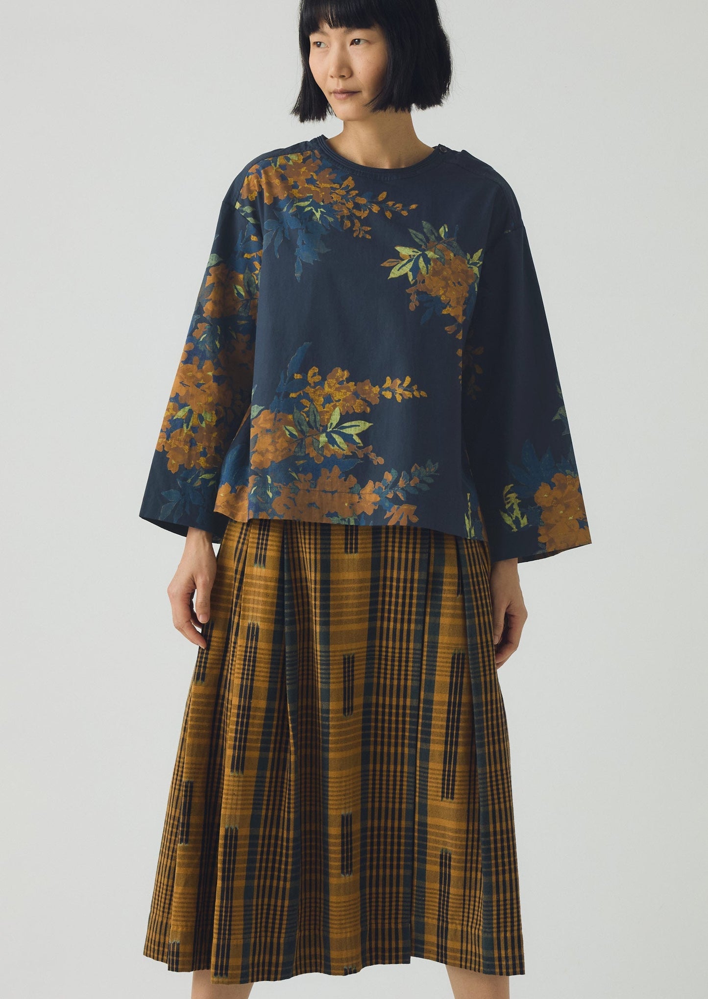 Top in cotone con stampa botanica Shadow | Blu ombra