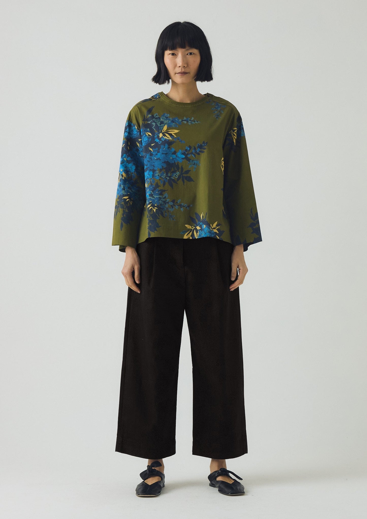 Top in cotone con stampa botanica ombra | Oliva