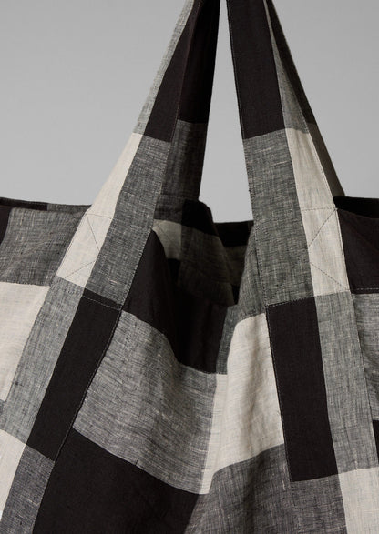Borsa in lino leggero Macro Gingham | Ecru/Carbone