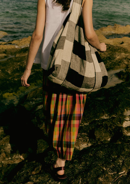 Borsa in lino leggero Macro Gingham | Ecru/Carbone