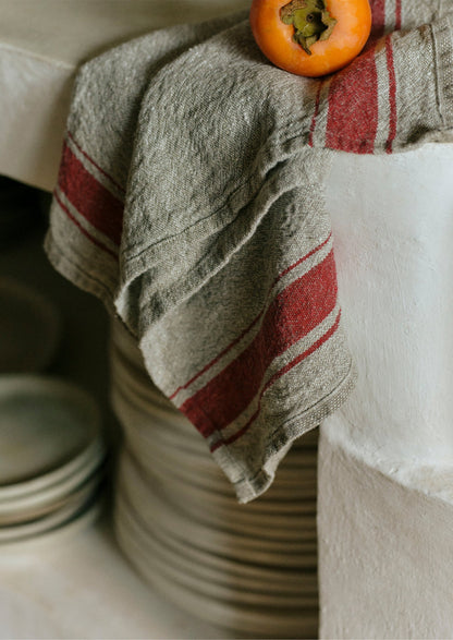Strofinaccio in lino a righe provenzali | Naturale/Rosso