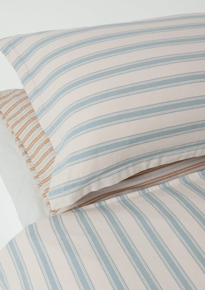 Set di federe in flanella di cotone Oxford a righe Fjord | Blu lavato/Écru