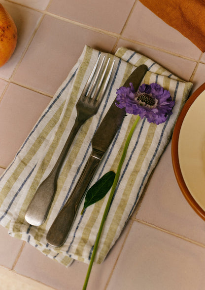 Tovagliolo di lino a righe Faro | Lime lavato/Blu notte