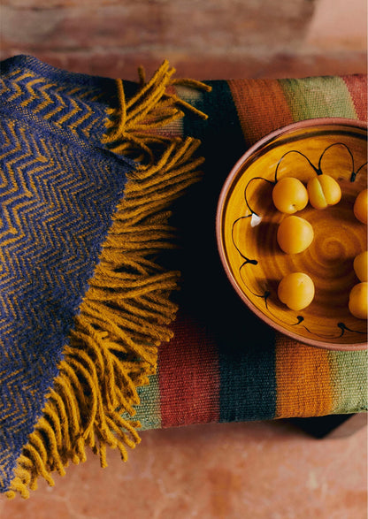 Coperta di lana a zig zag | Blu navy/caramello