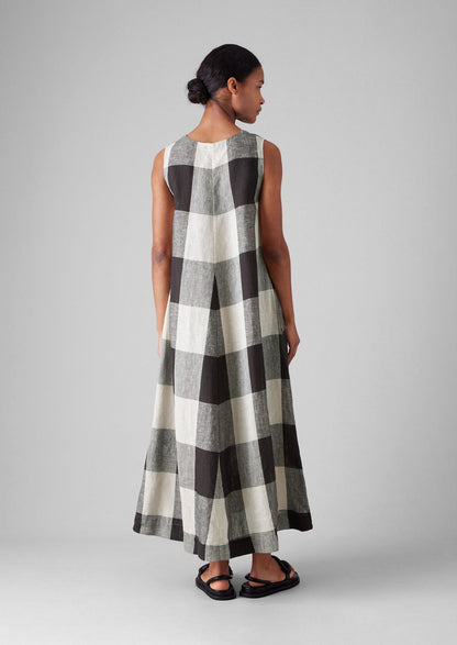 Abito leggero in lino a quadretti macro | Ecru/Carbone
