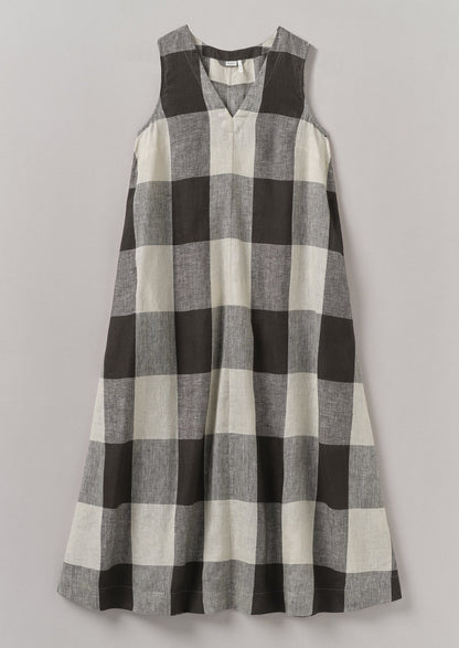 Abito leggero in lino a quadretti macro | Ecru/Carbone