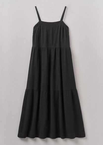 Abito a balze in garza di cotone stropicciato | Pepe nero