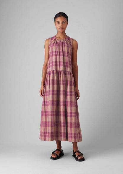 Abito in cotone a quadri con vita arricciata | Lampone