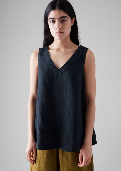 Canotta con scollo a V in lino tinto in capo | Mezzanotte