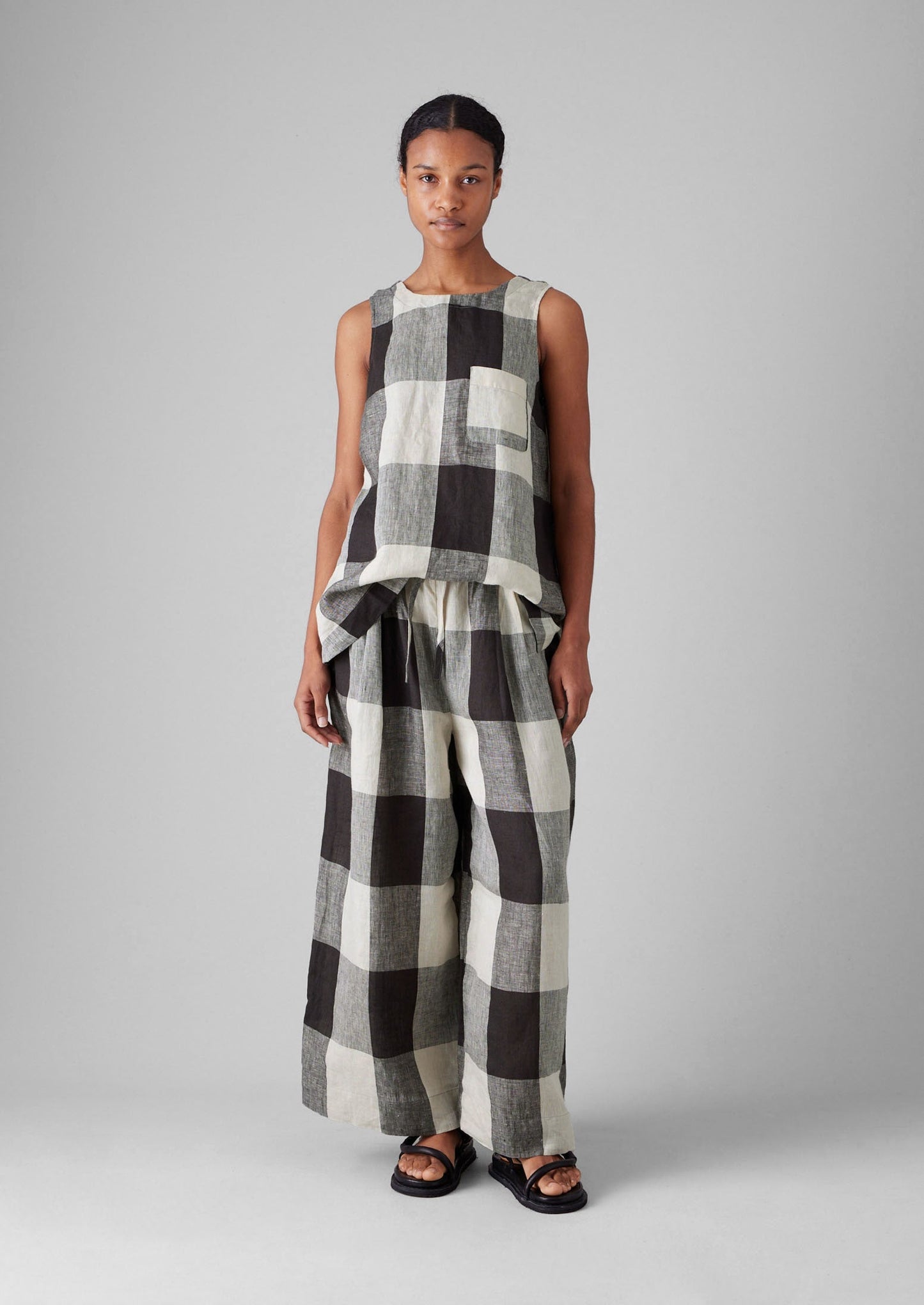 Pantaloni in lino leggero Macro Gingham | Ecru/Carbone