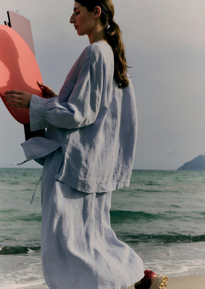 Camicia oversize in lino tinto in capo | Blu uovo