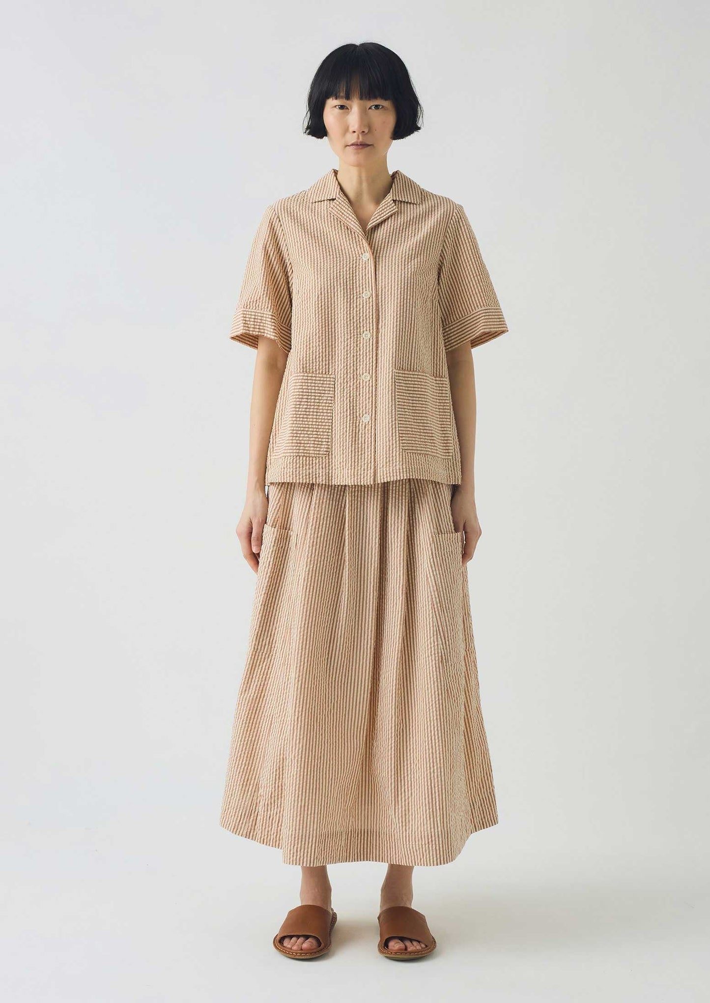 Camicia squadrata in seersucker di cotone a righe | Terracotta/Ecru