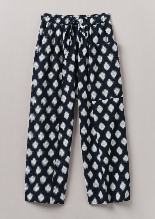 Pantaloni a vita alta con motivo ikat a tratteggio incrociato | Blu indaco
