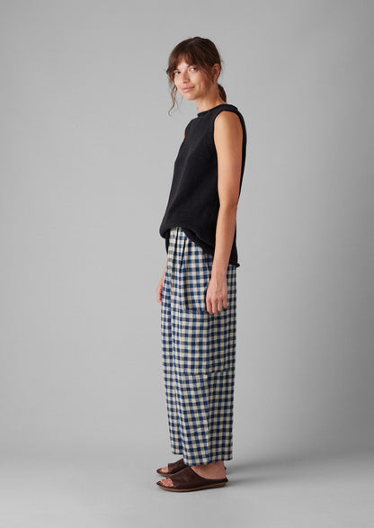 Pantaloni con tasca applicata in lino e cotone a quadretti | Blu denim