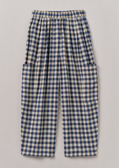 Pantaloni con tasca applicata in lino e cotone a quadretti | Blu denim