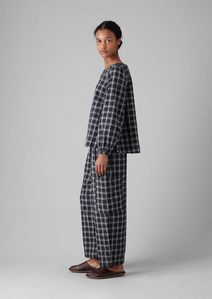 Pantaloni a quadri in cotone e lino con tasche applicate | Ardesia