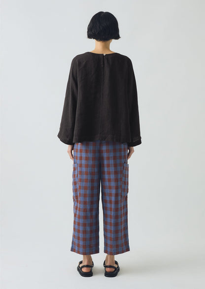 Pantaloni in lino e cotone a quadri minerali | Marrone ocra/Fiordaliso scuro