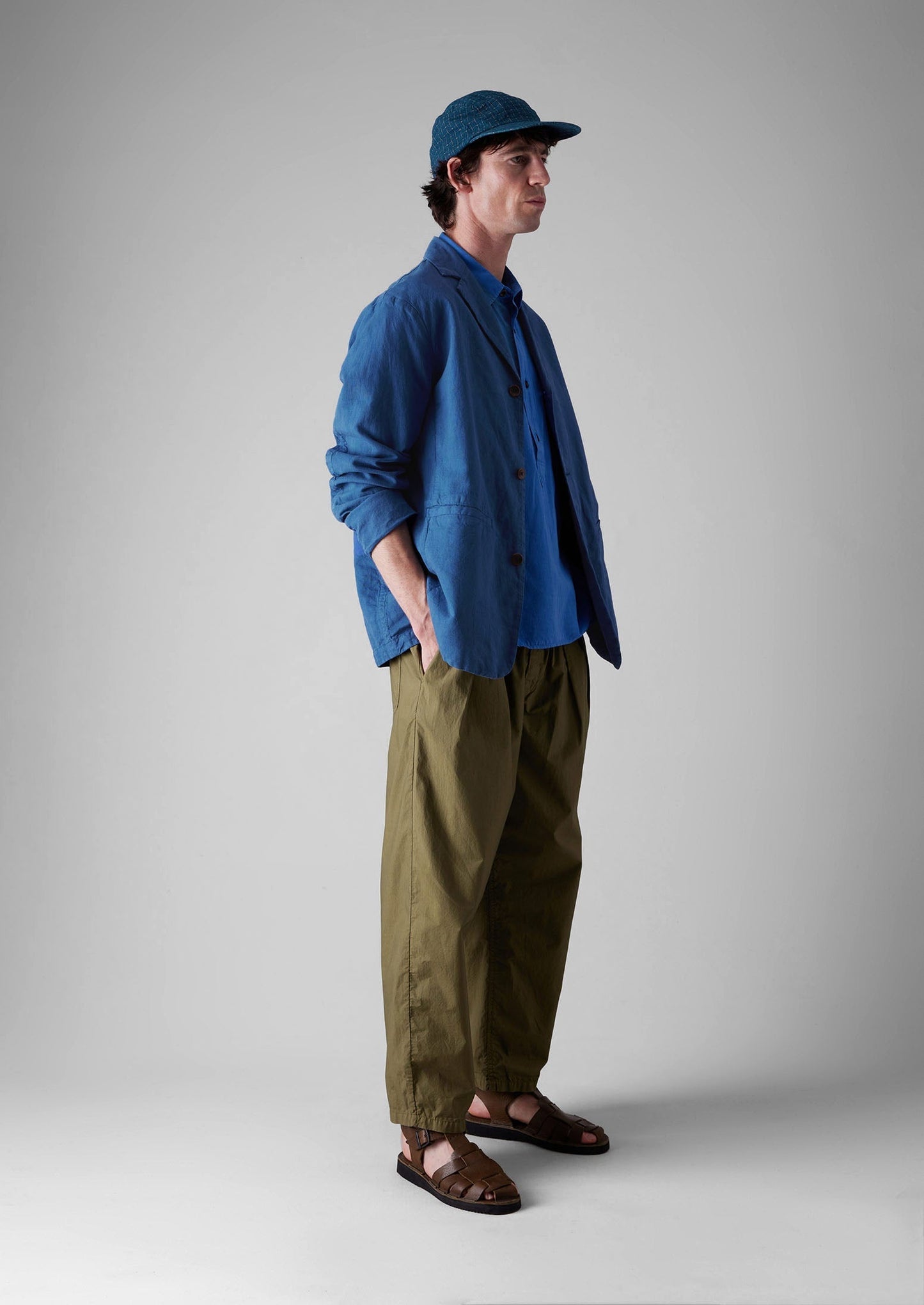 Blazer in cotone e lino con spacchi alti | Indaco lavato