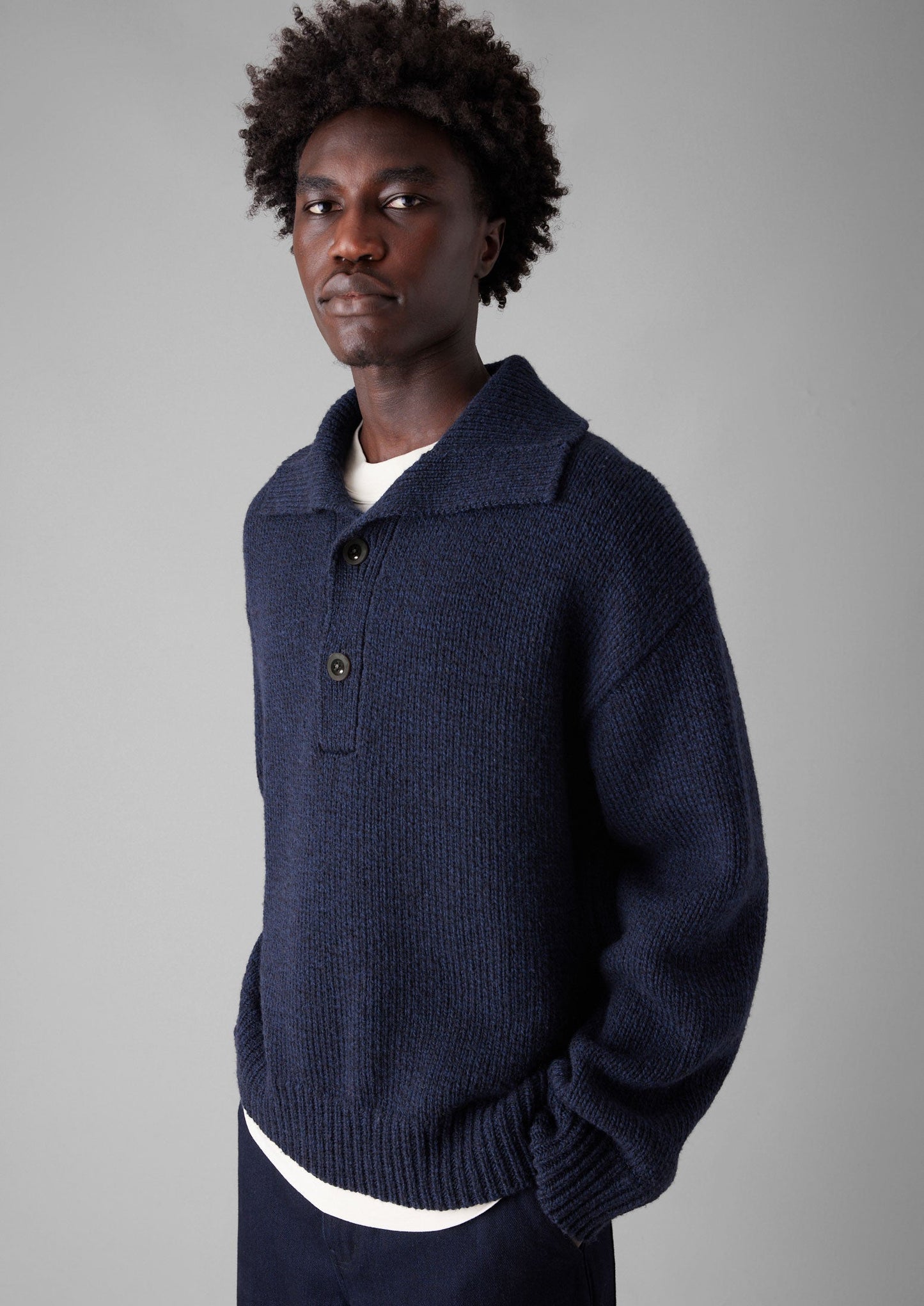 Maglione in lana con mezza patta | Blu navy melange