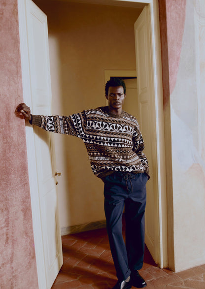 Maglione in lana Shetland con motivo jacquard grafico | Naturale/Multicolore