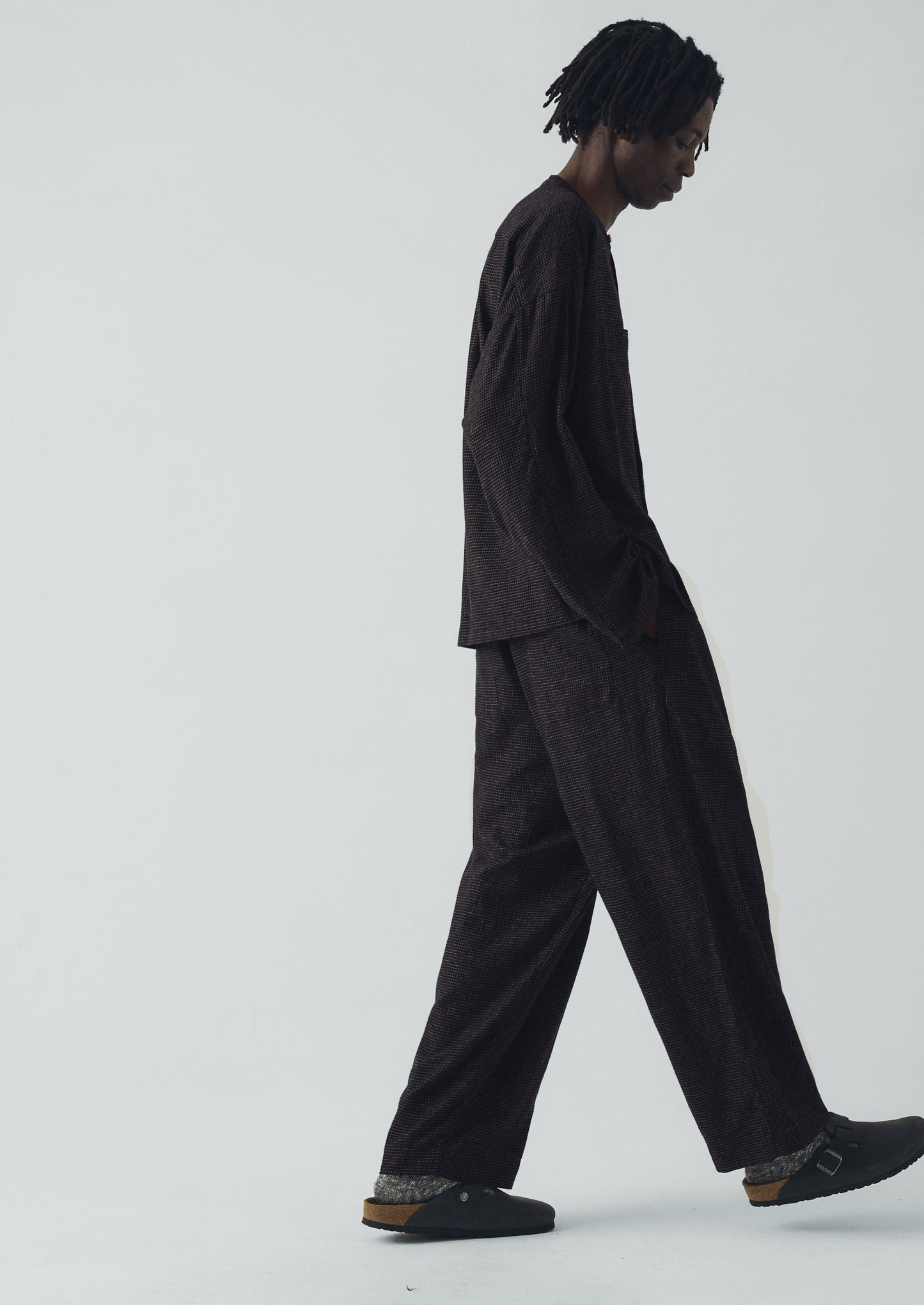 Pantaloni a pieghe in cotone e cashmere a quadri | Nero/Ecru