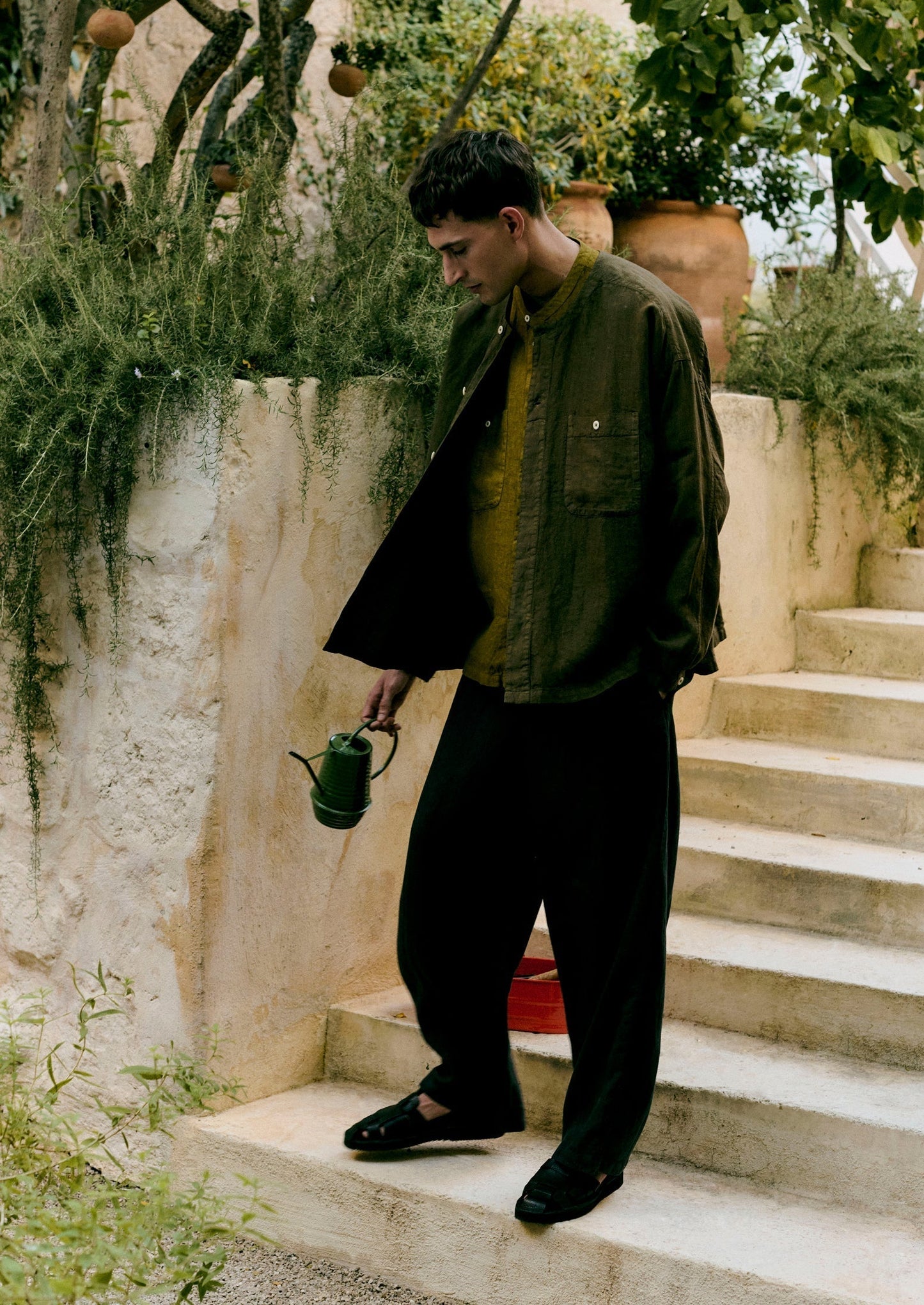 Camicia senza colletto in lino tinto in capo | Pera