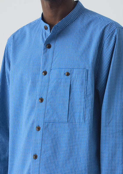 Camicia a quadri in cotone con collo a serafino | Blu medio