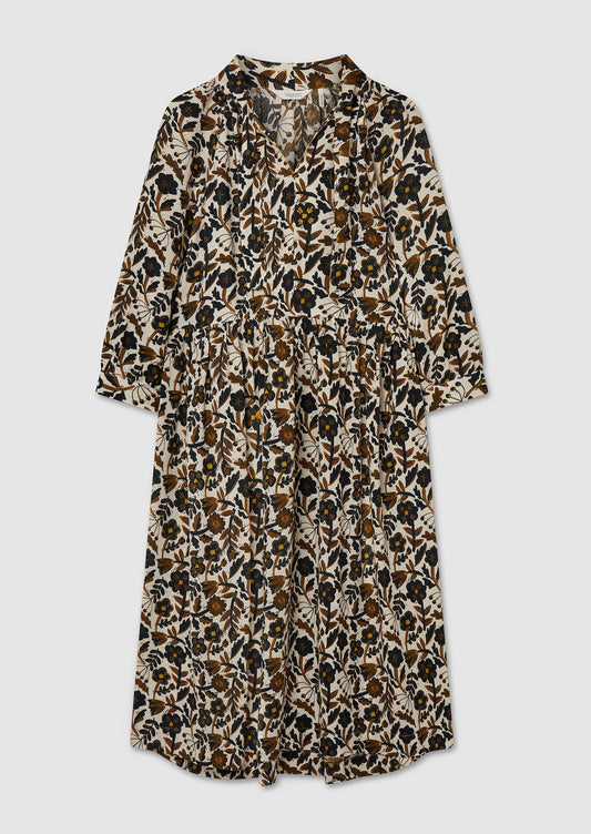 Abito in crepe floreale con nodo anteriore rinnovato, taglia 8 | Olio/Betulla