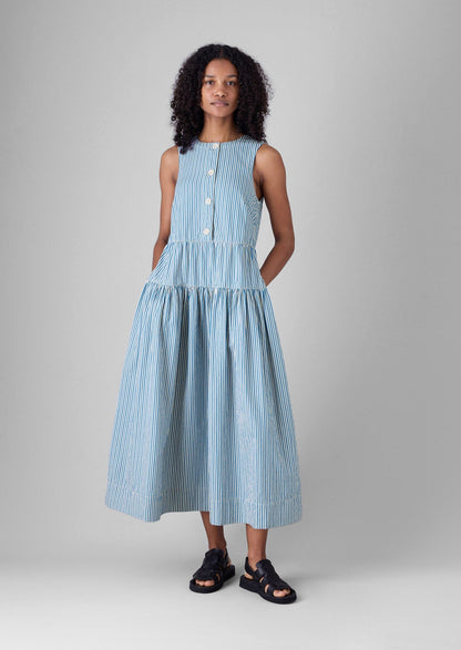 Abito in cotone plissettato a righe color caramella | Blu oceano/Écru