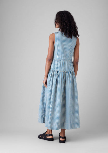 Abito in cotone plissettato a righe color caramella | Blu oceano/Écru