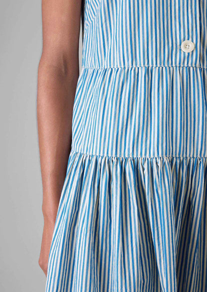 Abito in cotone plissettato a righe color caramella | Blu oceano/Écru