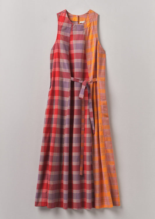 Abito in cotone a quadri con pannelli annodati sul davanti | Rosso brillante/Glicine