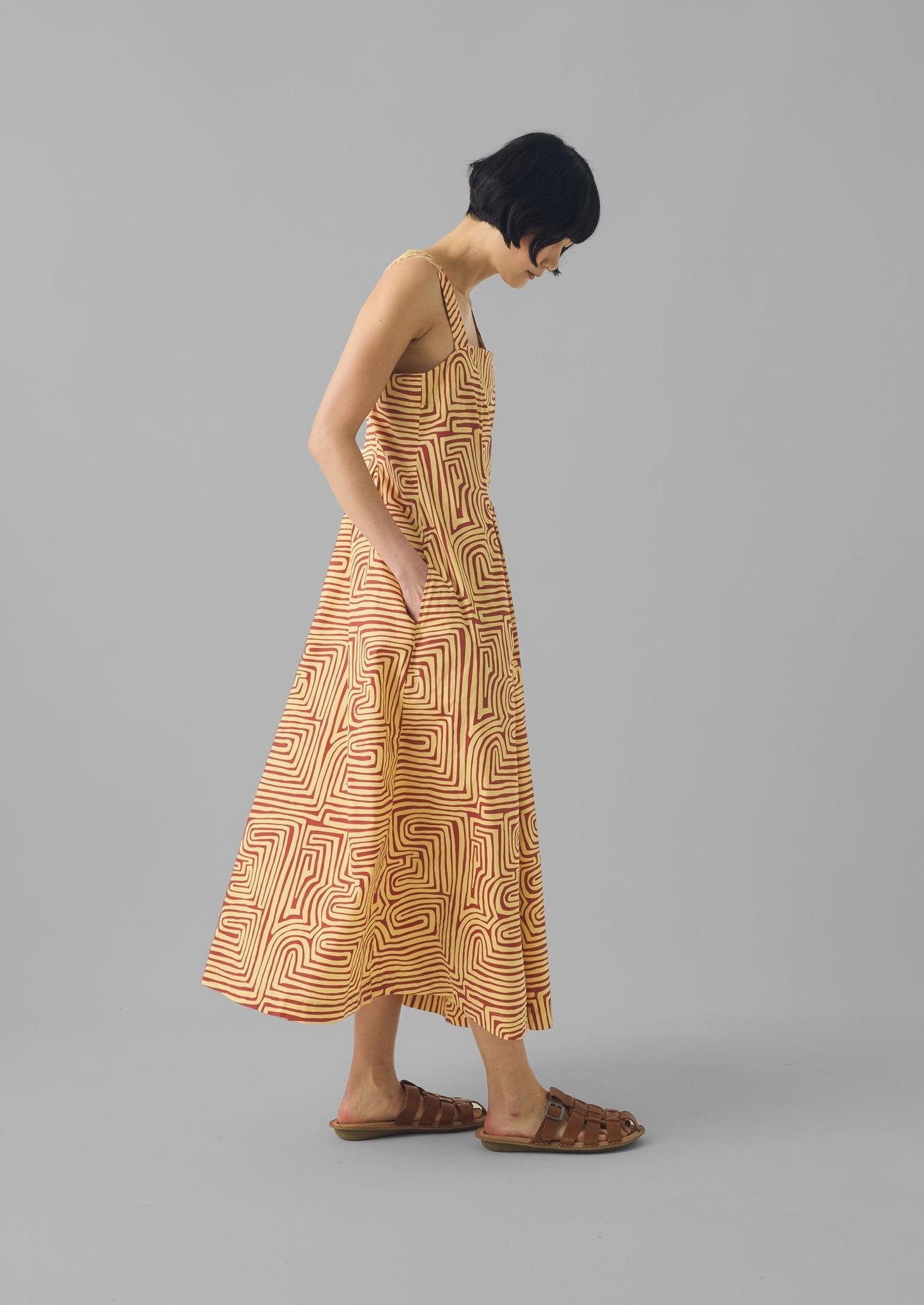 Abito in popeline di cotone con stampa labirinto | Mattone/Scorza di limone