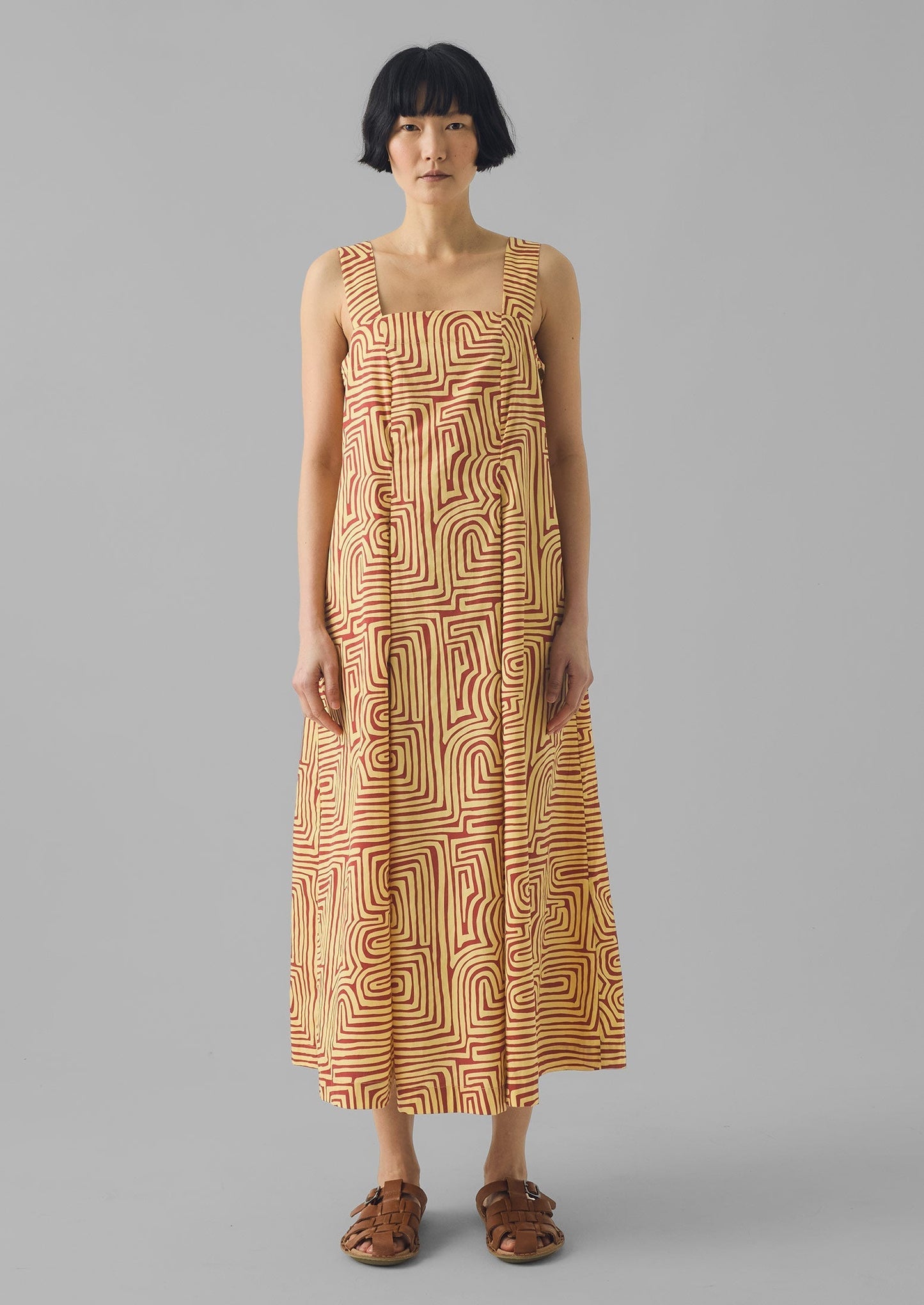 Abito in popeline di cotone con stampa labirinto | Mattone/Scorza di limone