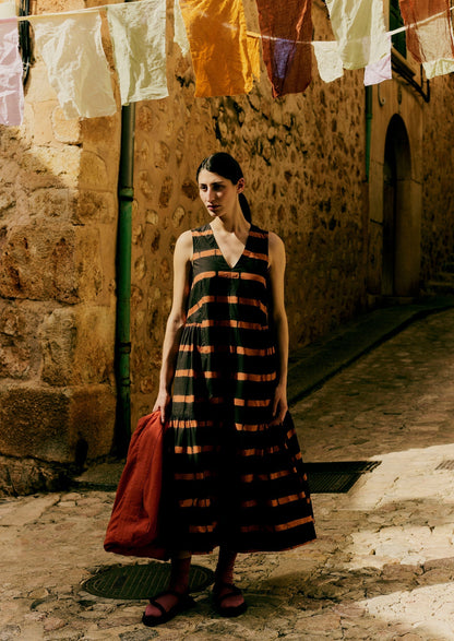 Abito in cotone tinto con fascette a righe | Marrone